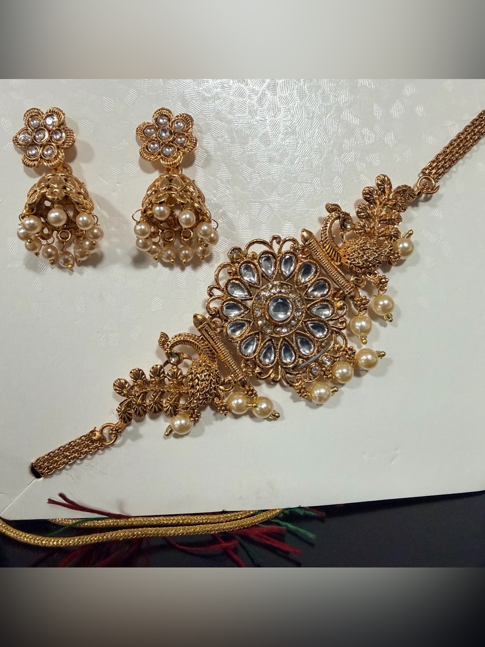 Gold-Tone Pearl Floral Kundan Necklace Set - Women Jewelry